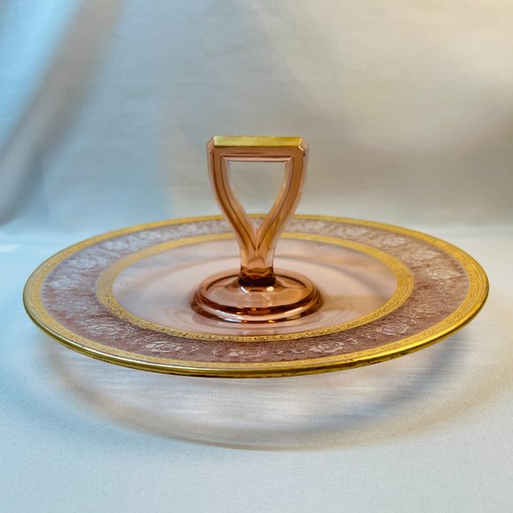 Glastonbury Vintage Pink Glass Center Handle Tidbit Tray Gold Gilt Regency Style - Picture 3 of 8